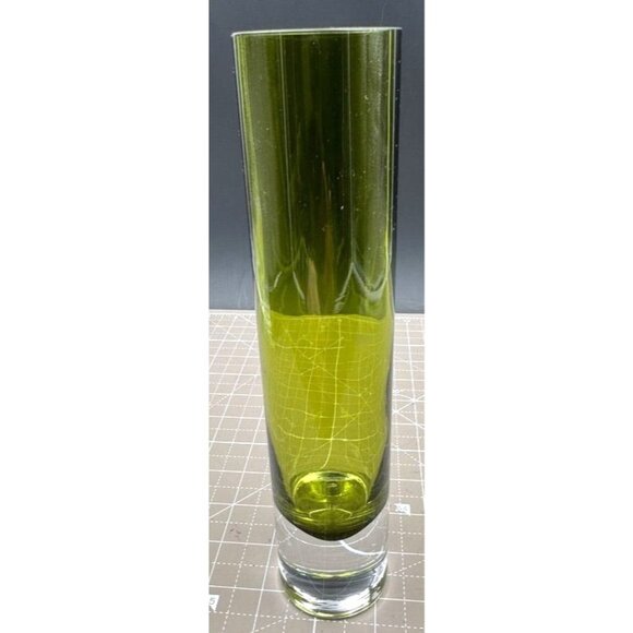 Handcrafted Green Glass Cylinder Vase With Clear Base - Picture 3 of 4